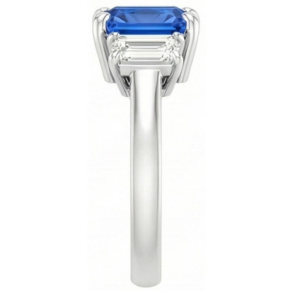Anello con zaffiro di Ceylon a 2 carati e diamanti Baguette a punta con pietre preziose in oro bianco 14K