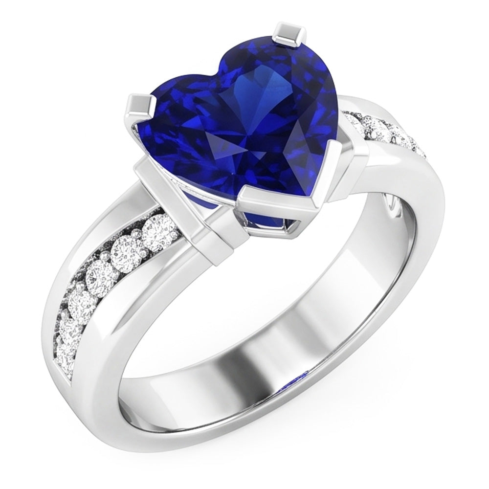 Anello con zaffiro di Ceylon a forma di cuore di gioielli con diamanti. gambo spesso di 4 carati