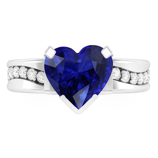 Anello con zaffiro di Ceylon a forma di cuore di gioielli con diamanti. gambo spesso di 4 carati