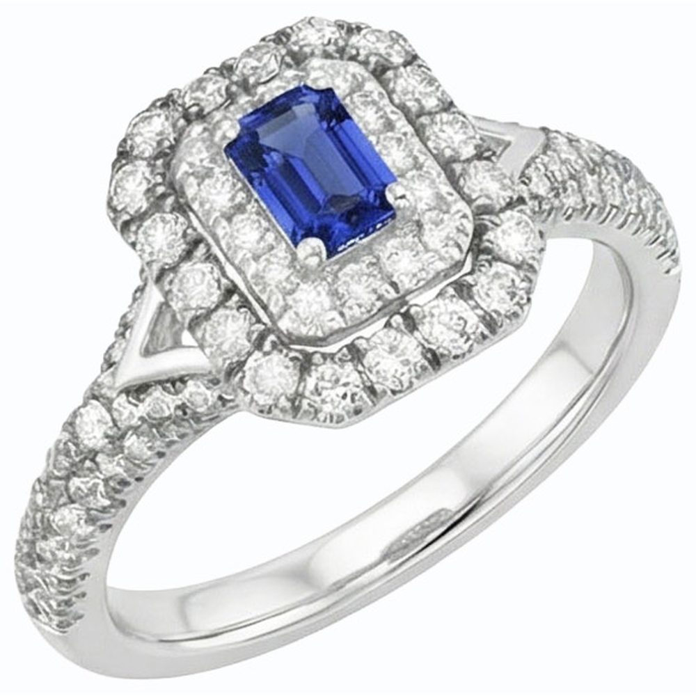 Anello con zaffiro di Ceylon con smeraldo da 3,50 ct, pietre dure con doppio alone, oro bianco 14k
