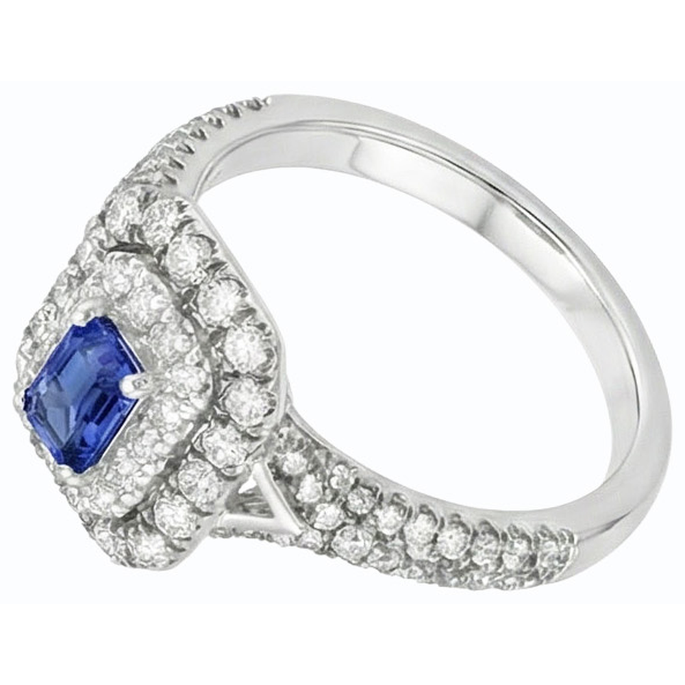 Anello con zaffiro di Ceylon con smeraldo da 3,50 ct, pietre dure con doppio alone, oro bianco 14k
