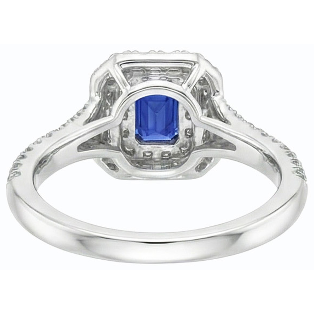 Anello con zaffiro di Ceylon con smeraldo da 3,50 ct, pietre dure con doppio alone, oro bianco 14k