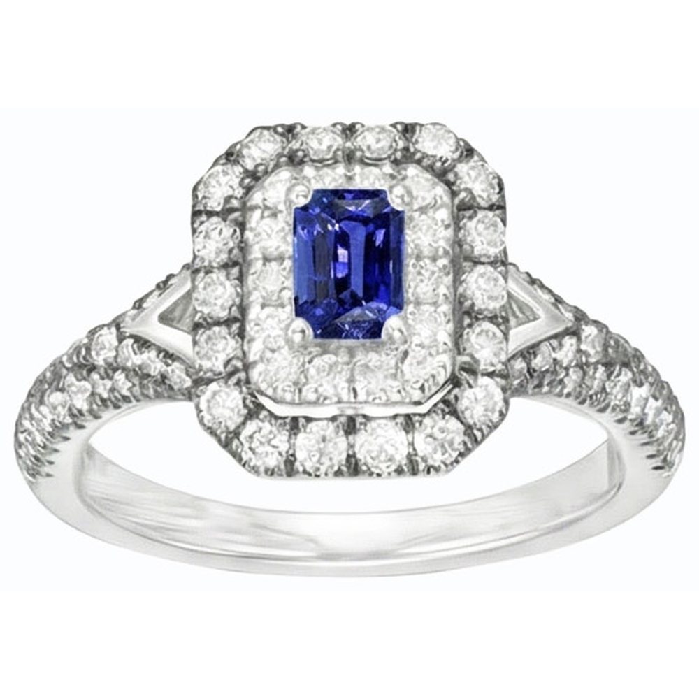 Anello con zaffiro di Ceylon con smeraldo da 3,50 ct, pietre dure con doppio alone, oro bianco 14k