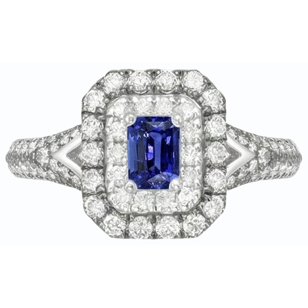 Anello con zaffiro di Ceylon con smeraldo da 3,50 ct, pietre dure con doppio alone, oro bianco 14k