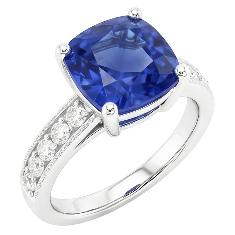 Anello con zaffiro di Ceylon da 3,30 carati e diamanti taglio rotondo WG in oro bianco 14K