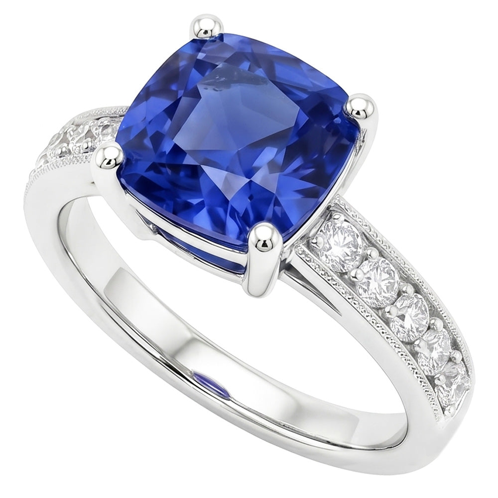 Anello con zaffiro di Ceylon da 3,30 carati e diamanti taglio rotondo WG in oro bianco 14K