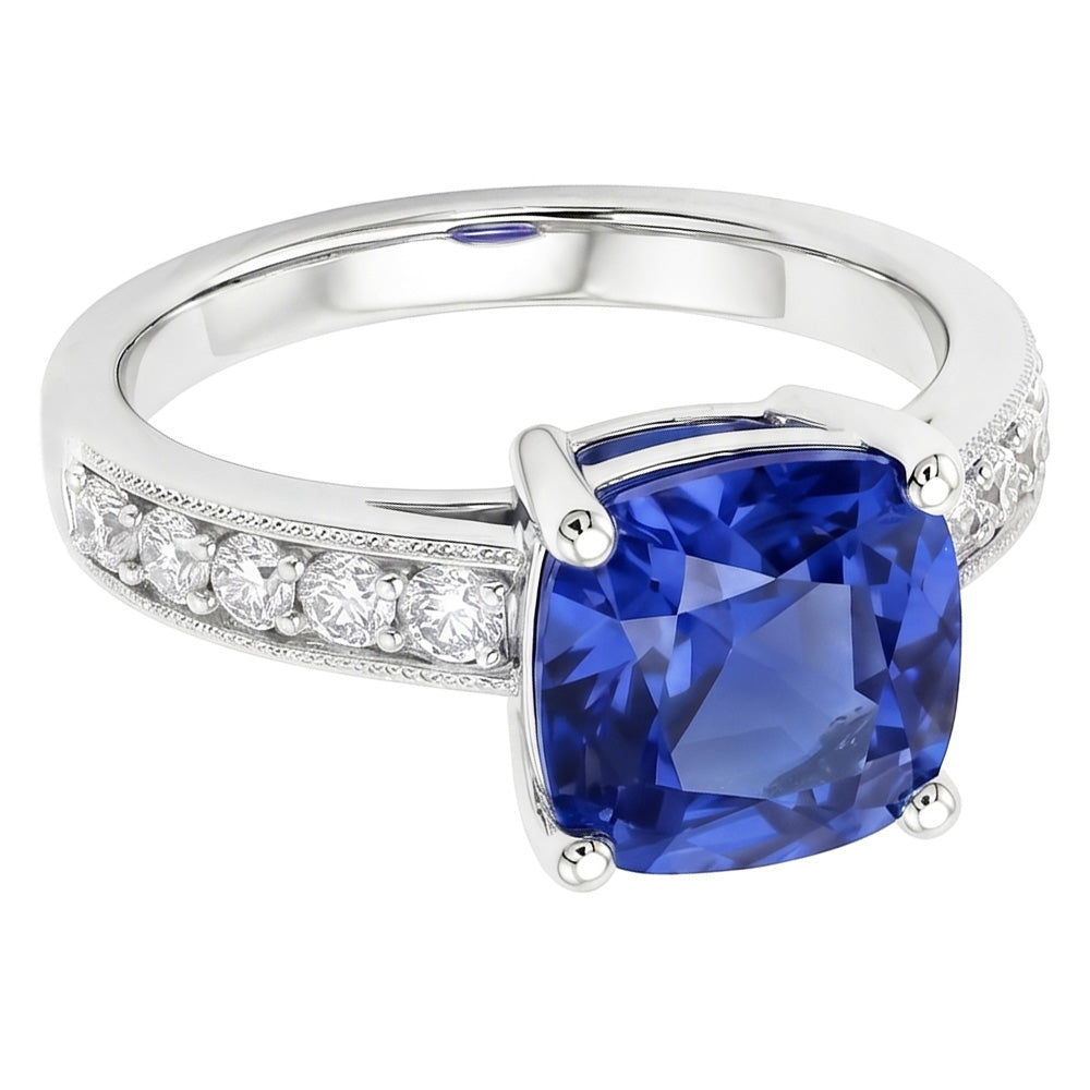Anello con zaffiro di Ceylon da 3,30 carati e diamanti taglio rotondo WG in oro bianco 14K