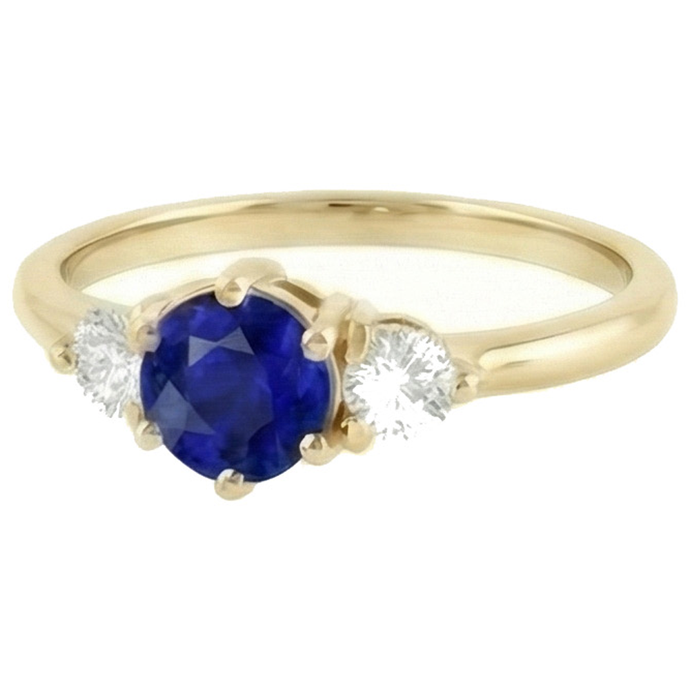 Anello con zaffiro di Ceylon rotondo con diamante 2 carati 3 punte in oro giallo con pietra