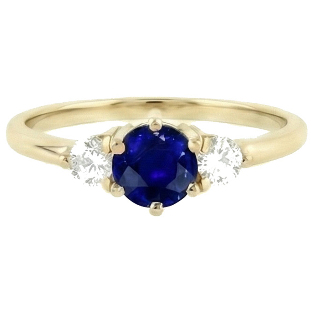 Anello con zaffiro di Ceylon rotondo con diamante 2 carati 3 punte in oro giallo con pietra