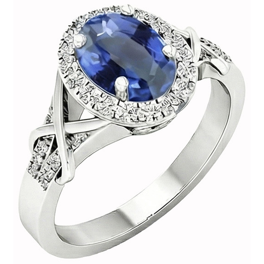 Anello con zaffiro di Ceylon taglio ovale e diamante rotondo in oro bianco 1.80 carati e 14K