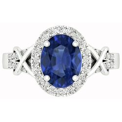 Anello con zaffiro di Ceylon taglio ovale e diamante rotondo in oro bianco 1.80 carati e 14K