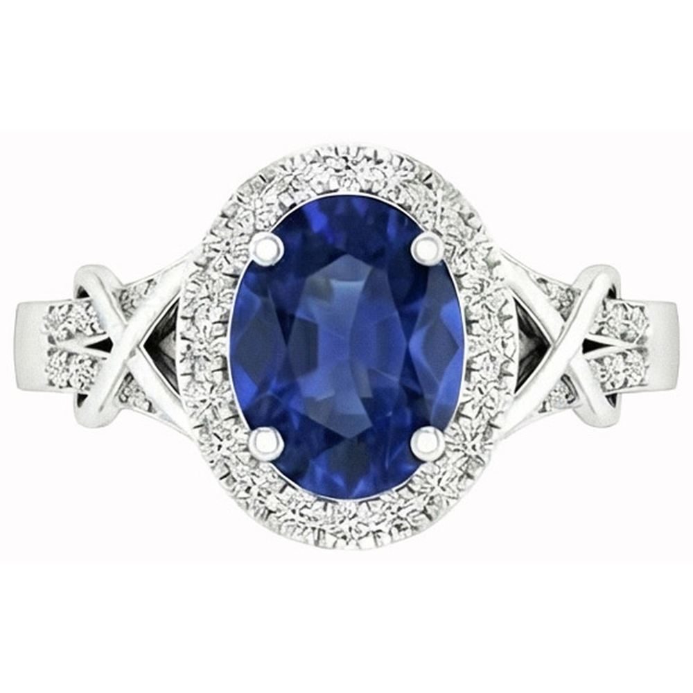 Anello con zaffiro di Ceylon taglio ovale e diamante rotondo in oro bianco 1.80 carati e 14K