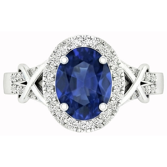 Anello con zaffiro di Ceylon taglio ovale e diamante rotondo in oro bianco 1.80 carati e 14K
