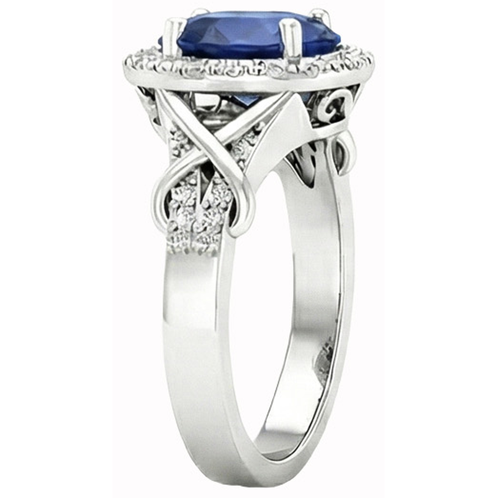 Anello con zaffiro di Ceylon taglio ovale e diamante rotondo in oro bianco 1.80 carati e 14K