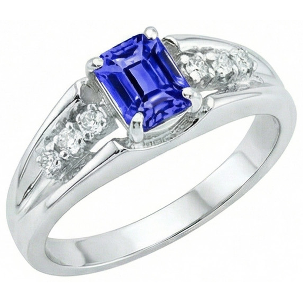 Anello con zaffiro di Ceylon taglio smeraldo con diamanti tondi da 1,30 ct