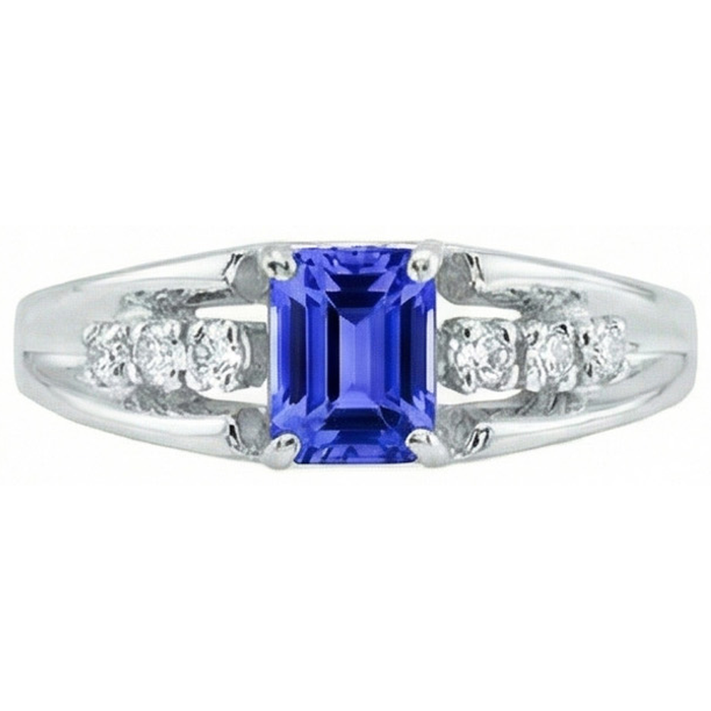 Anello con zaffiro di Ceylon taglio smeraldo con diamanti tondi da 1,30 ct
