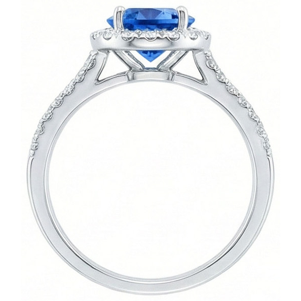 Anello con zaffiro di Ceylon tondo 5 carati con diamanti in oro bianco 14k