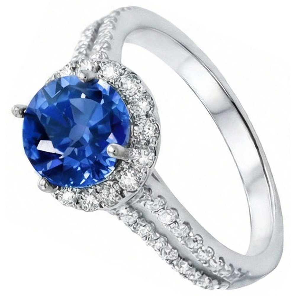 Anello con zaffiro di Ceylon tondo 5 carati con diamanti in oro bianco 14k