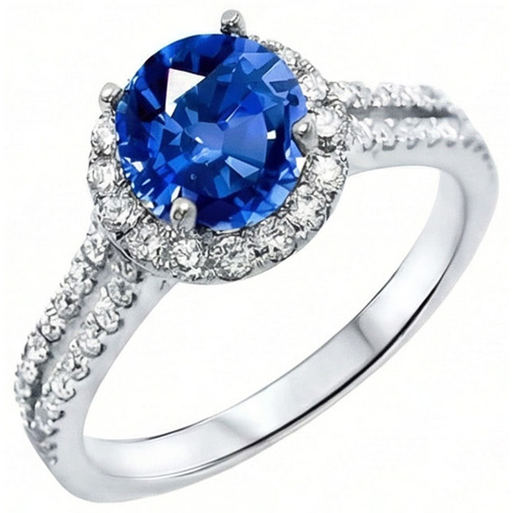 Anello con zaffiro di Ceylon tondo 5 carati con diamanti in oro bianco 14k
