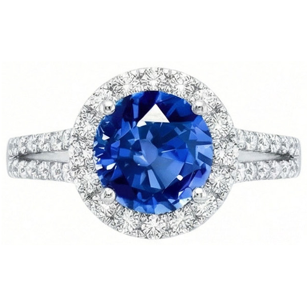 Anello con zaffiro di Ceylon tondo 5 carati con diamanti in oro bianco 14k