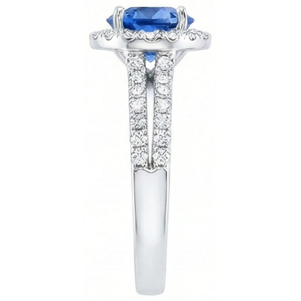 Anello con zaffiro di Ceylon tondo 5 carati con diamanti in oro bianco 14k