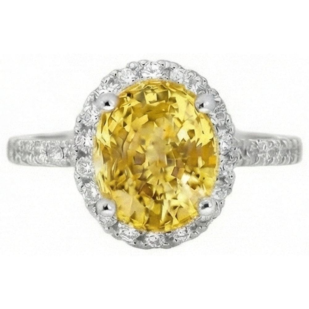 Anello con zaffiro giallo ovale e diamante rotondo in oro bianco 3.5 ct.