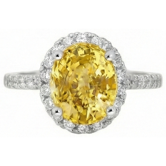Anello con zaffiro giallo ovale e diamante rotondo in oro bianco 3.5 ct.