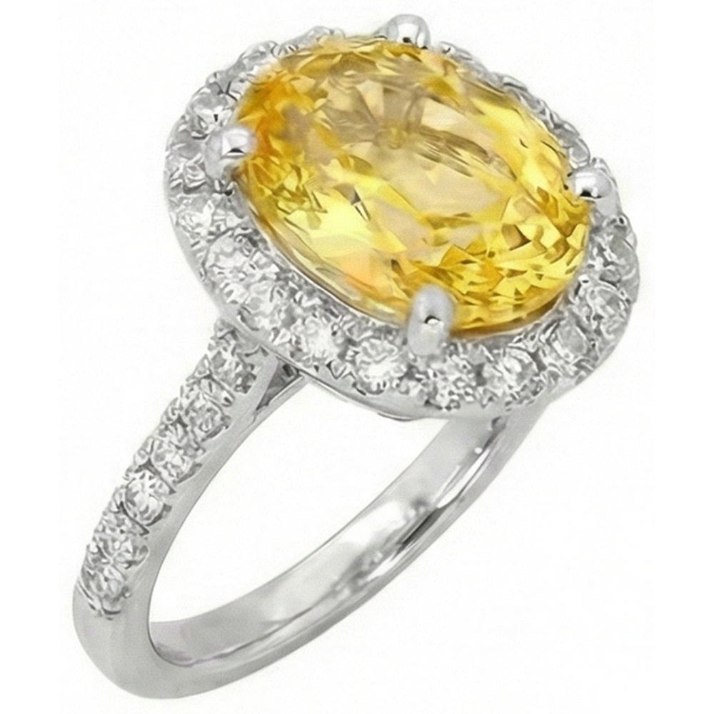 Anello con zaffiro giallo ovale e diamante rotondo in oro bianco 3.5 ct.