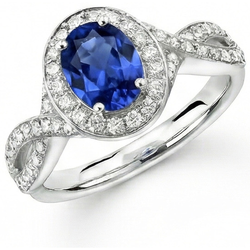 Anello con zaffiro ovale di Ceylon e diamante rotondo in oro bianco 1.55 carati 14K