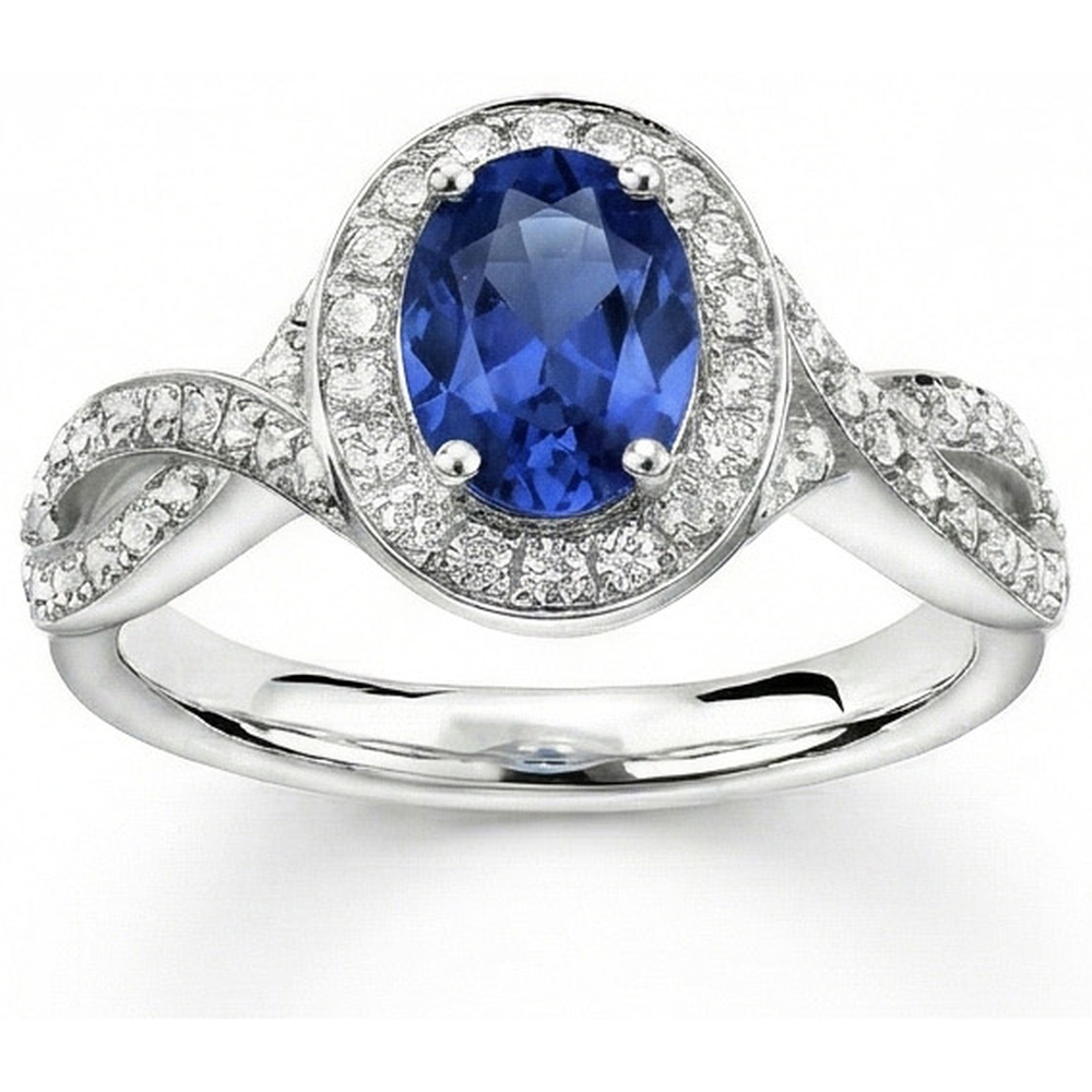 Anello con zaffiro ovale di Ceylon e diamante rotondo in oro bianco 1.55 carati 14K
