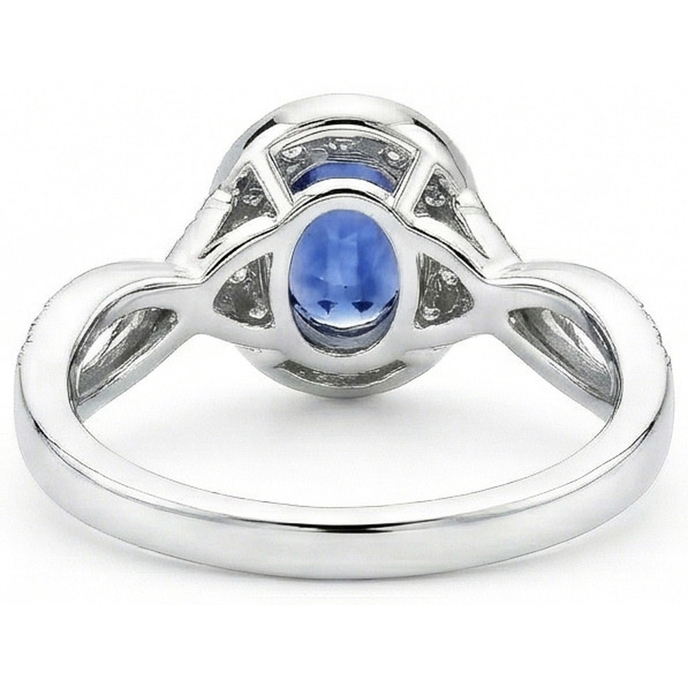 Anello con zaffiro ovale di Ceylon e diamante rotondo in oro bianco 1.55 carati 14K