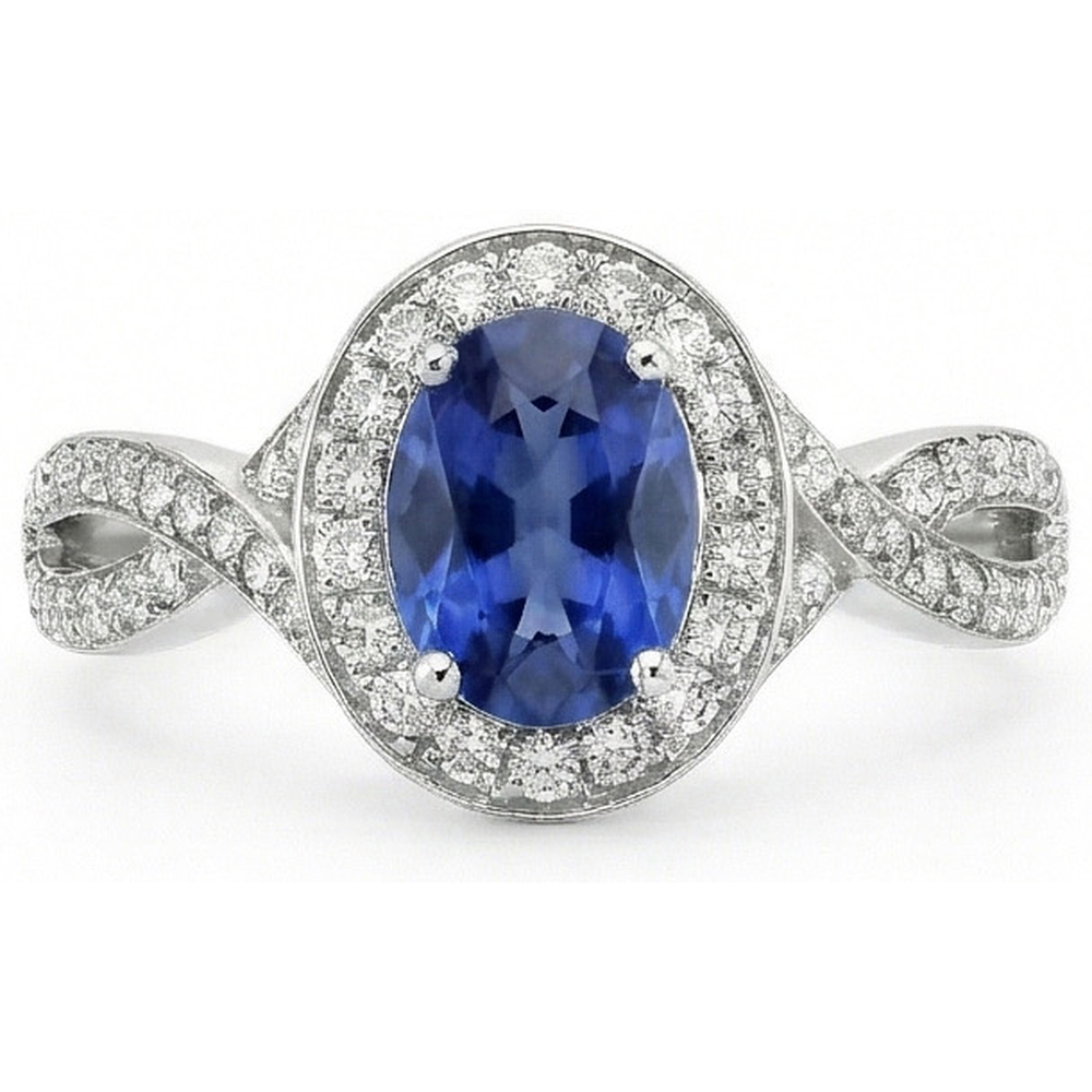 Anello con zaffiro ovale di Ceylon e diamante rotondo in oro bianco 1.55 carati 14K