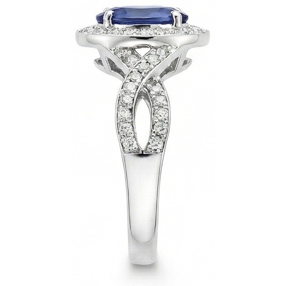 Anello con zaffiro ovale di Ceylon e diamante rotondo in oro bianco 1.55 carati 14K