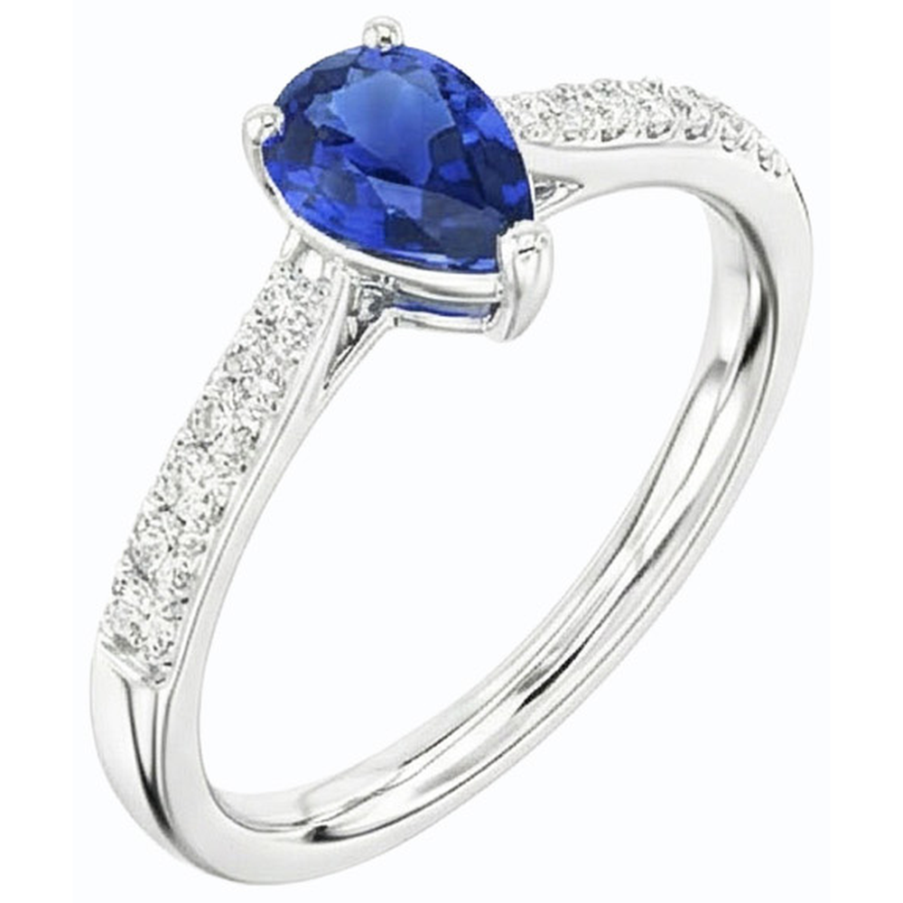Anello con zaffiro pera blu 2,50 carati e diamanti pietre preziose in oro bianco 14K