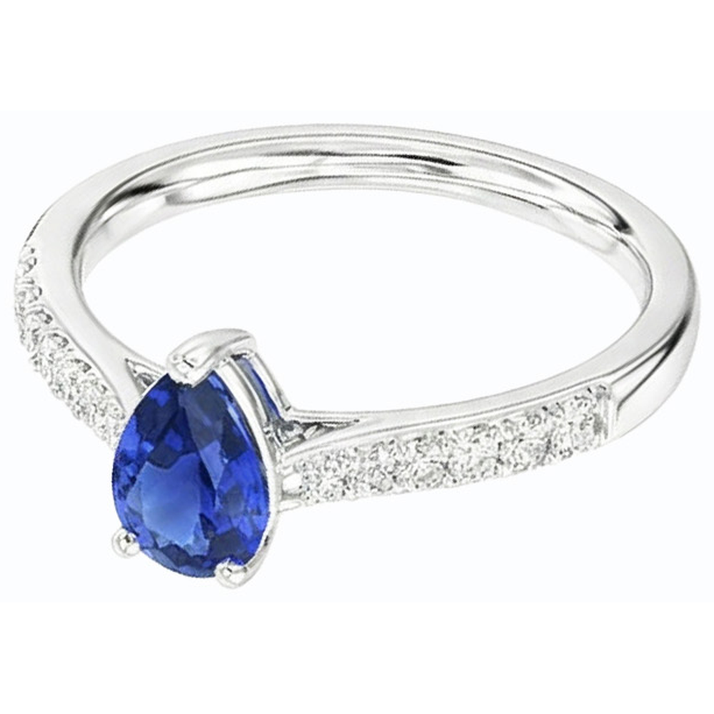 Anello con zaffiro pera blu 2,50 carati e diamanti pietre preziose in oro bianco 14K
