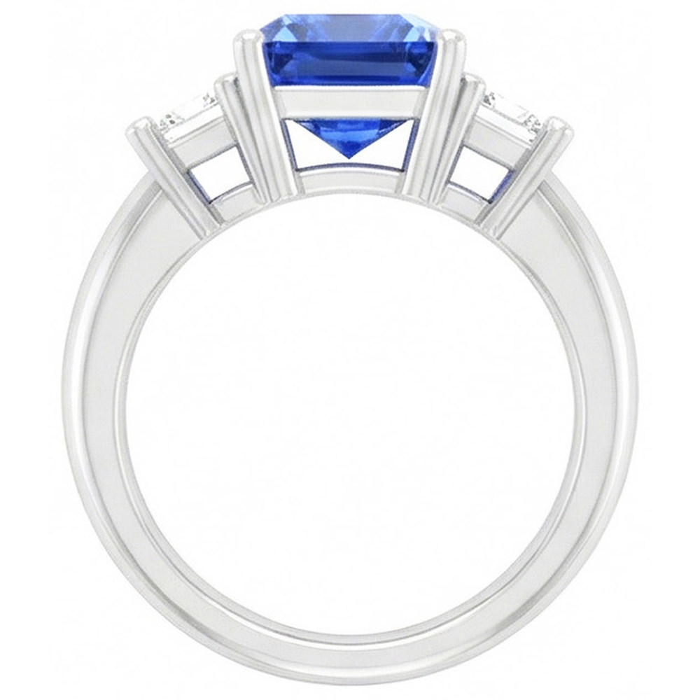 Anello con zaffiro radiante 3 carati e gioielli con diamanti Asscher 3 pietre 4 poli