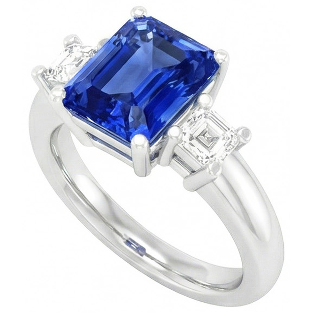 Anello con zaffiro radiante 3 carati e gioielli con diamanti Asscher 3 pietre 4 poli