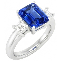 Anello con zaffiro radiante 3 carati e gioielli con diamanti Asscher 3 pietre 4 poli