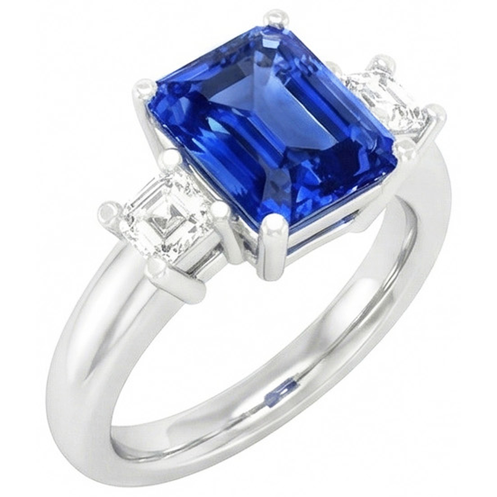 Anello con zaffiro radiante 3 carati e gioielli con diamanti Asscher 3 pietre 4 poli