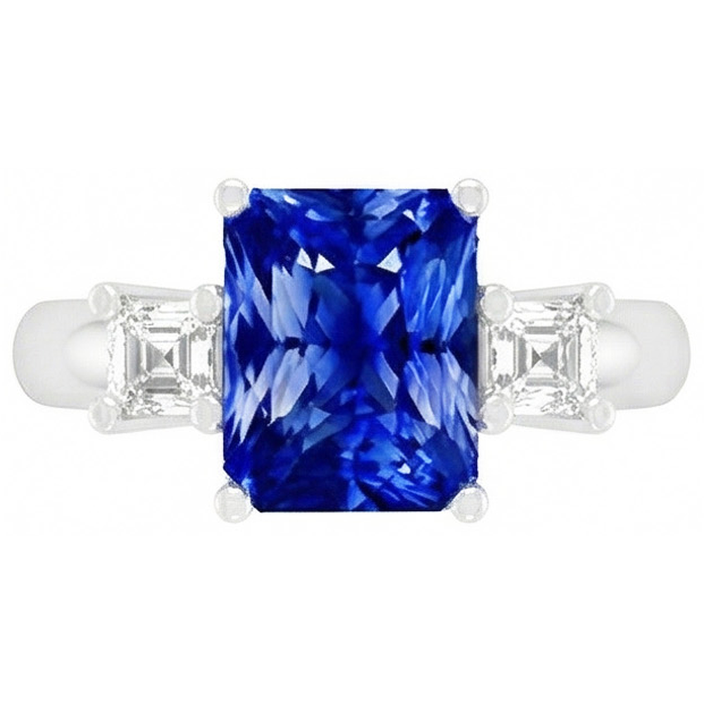 Anello con zaffiro radiante 3 carati e gioielli con diamanti Asscher 3 pietre 4 poli