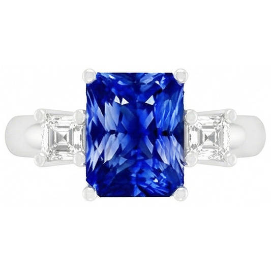 Anello con zaffiro radiante 3 carati e gioielli con diamanti Asscher 3 pietre 4 poli