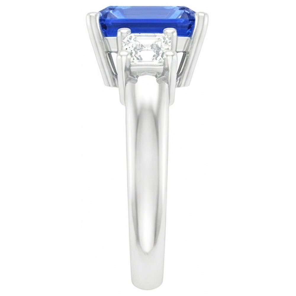 Anello con zaffiro radiante 3 carati e gioielli con diamanti Asscher 3 pietre 4 poli