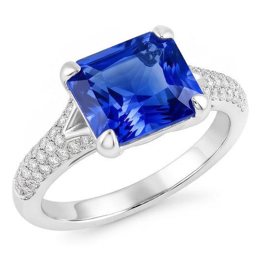 Anello con zaffiro radioso 4 carati e pavé di gioielli con diamante a gambo diviso in 14K
