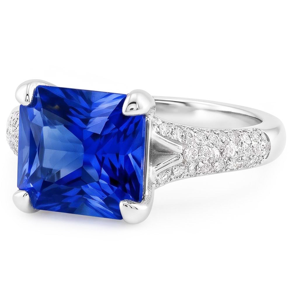 Anello con zaffiro radioso 4 carati e pavé di gioielli con diamante a gambo diviso in 14K