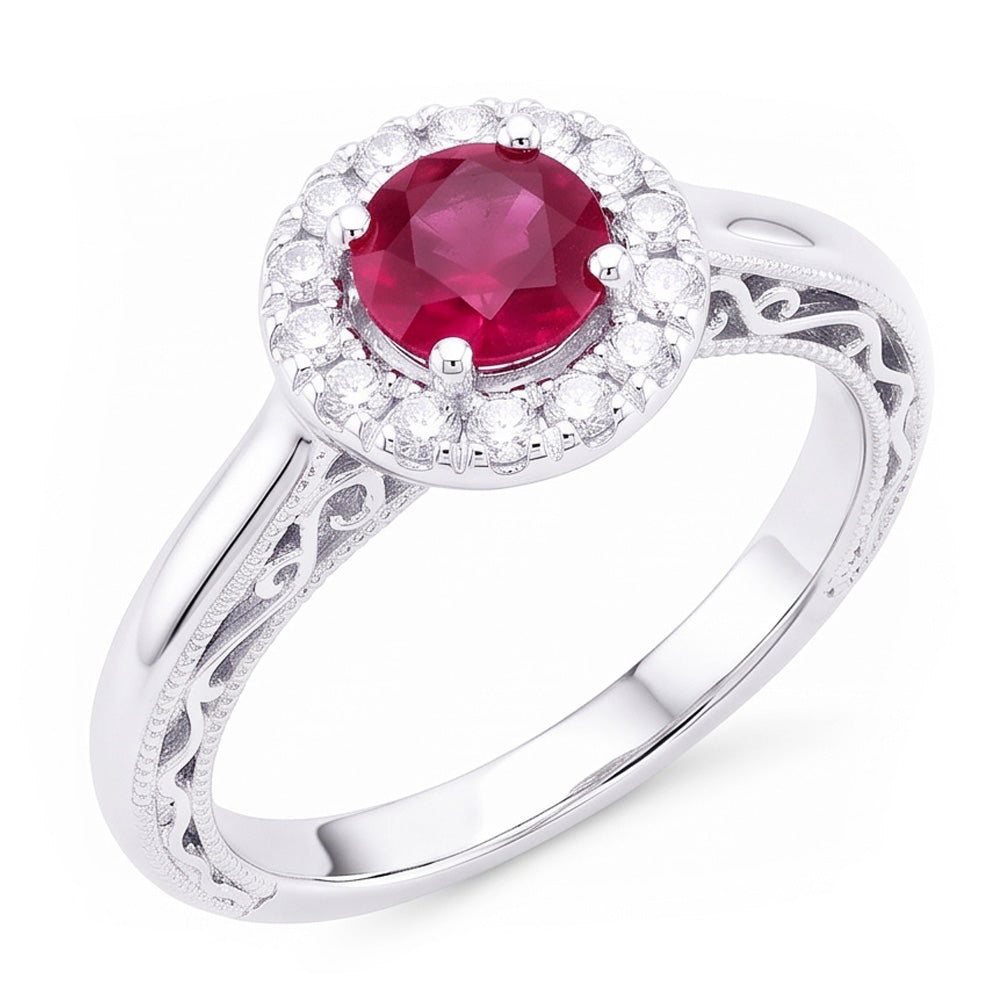 Anello con zaffiro rosso a taglio rotondo da 1,5 ct. Oro bianco