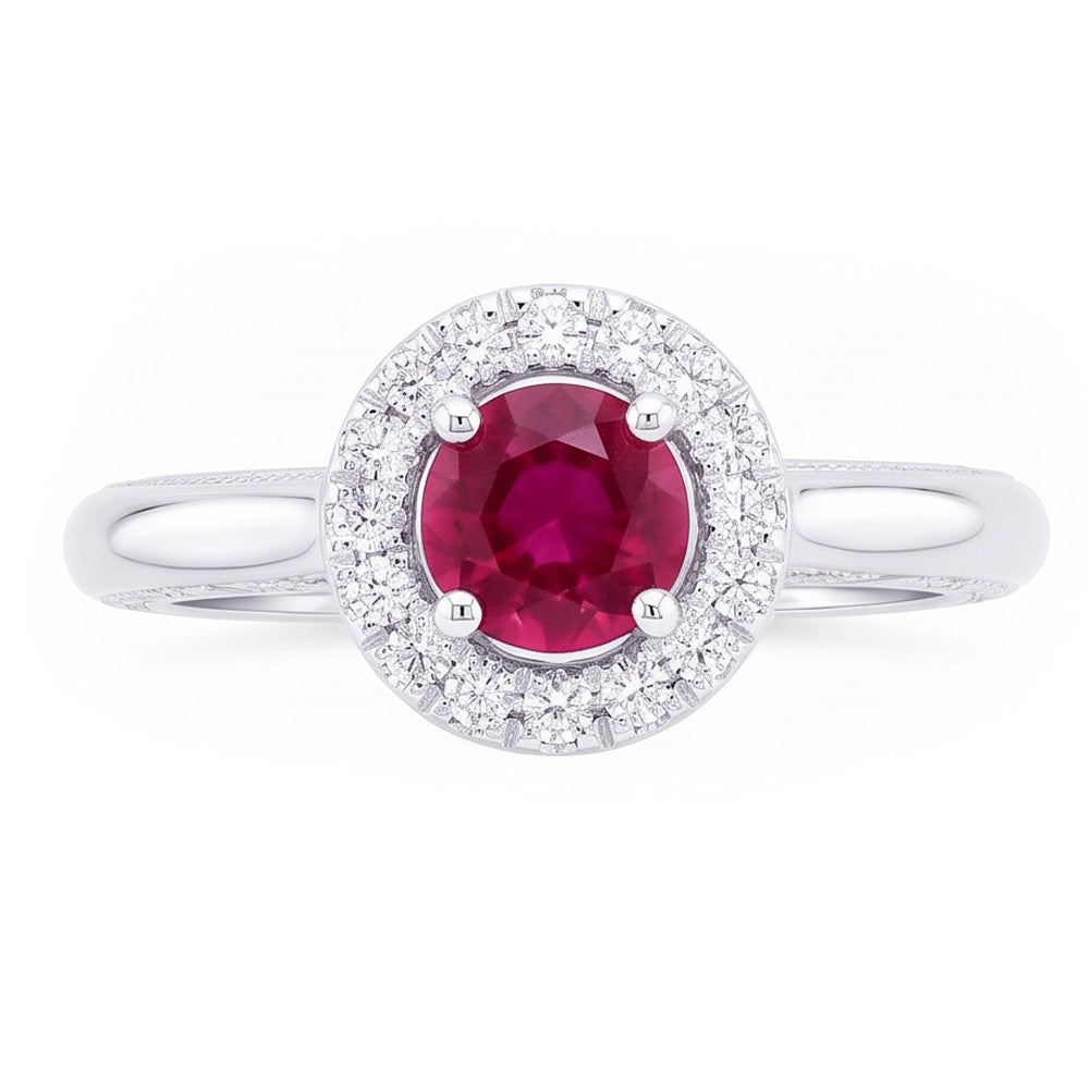 Anello con zaffiro rosso a taglio rotondo da 1,5 ct. Oro bianco