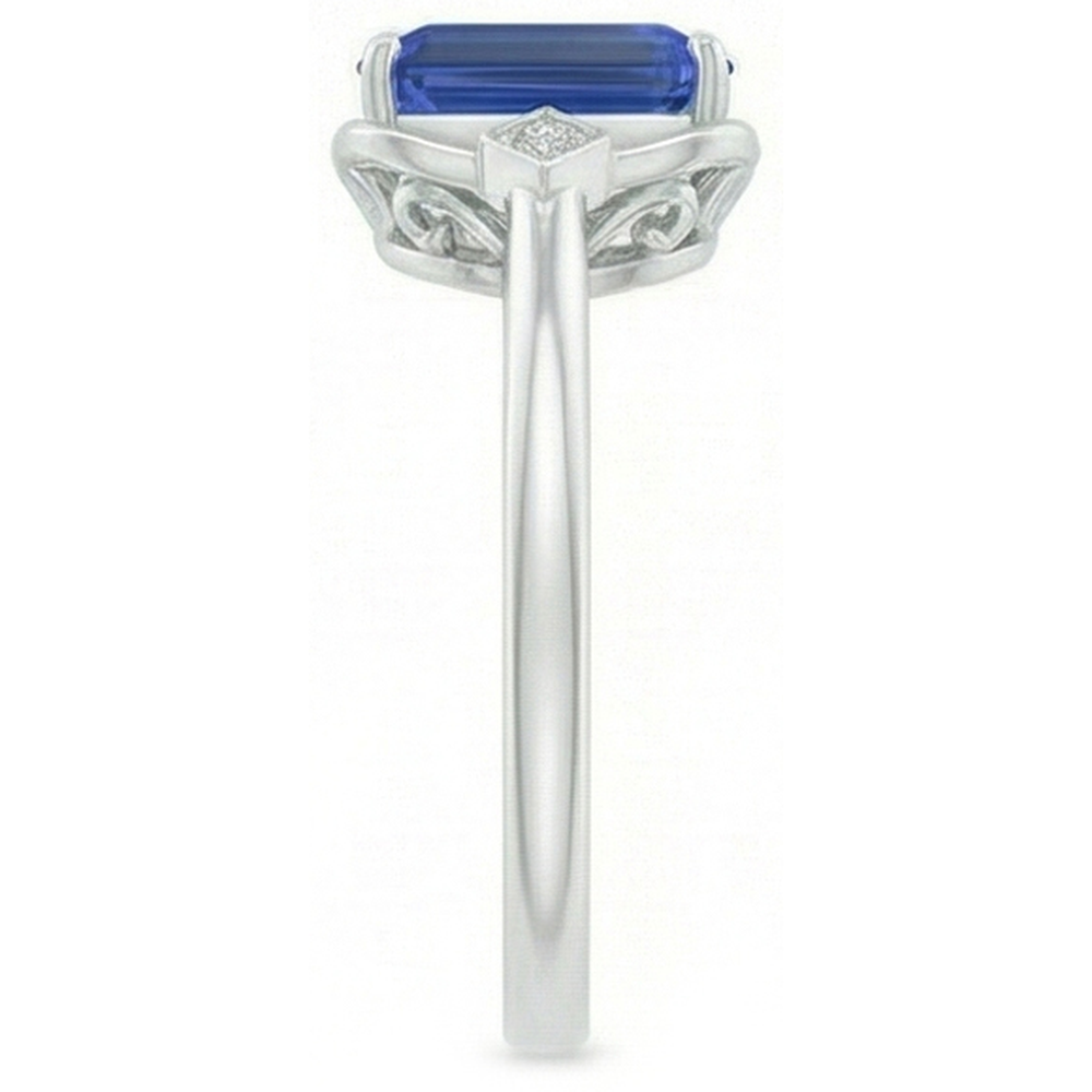 Anello con zaffiro smeraldo da 1,75 carati, diamanti tondi, castone con 3 pietre in oro bianco 14k