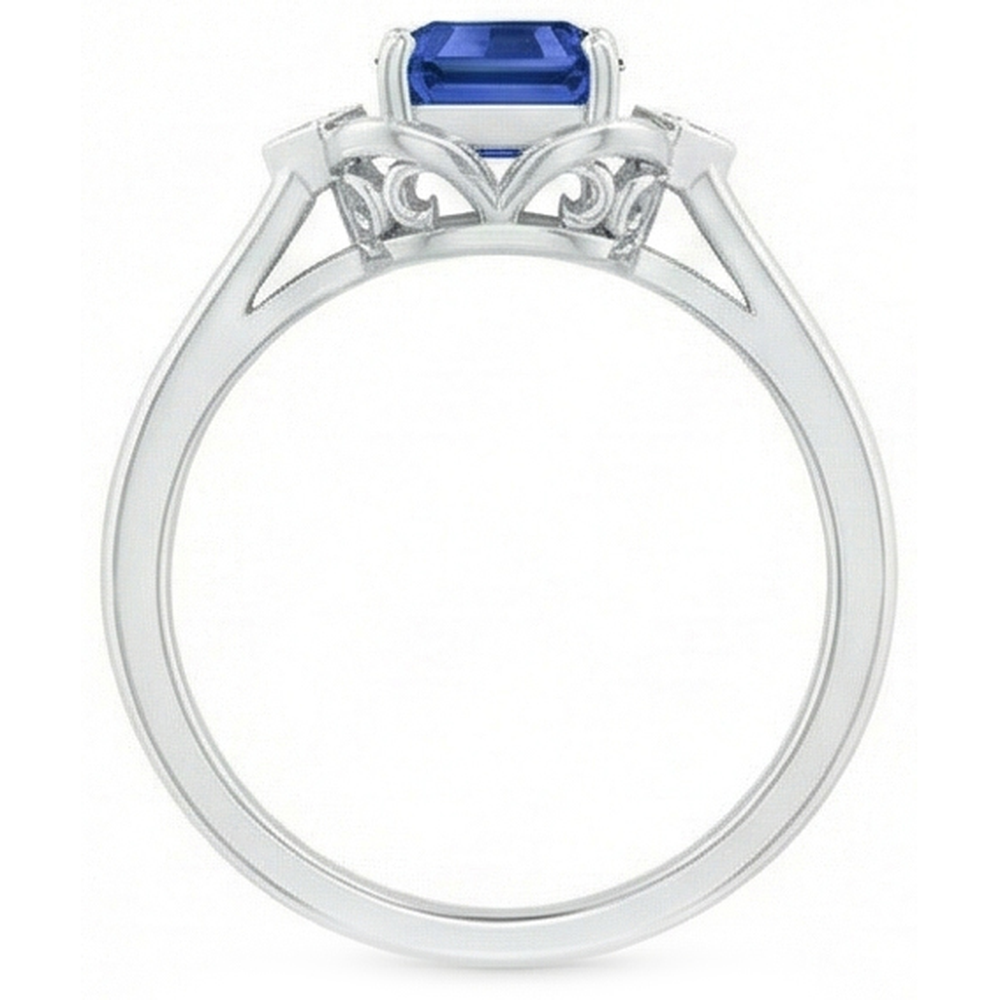 Anello con zaffiro smeraldo da 1,75 carati, diamanti tondi, castone con 3 pietre in oro bianco 14k
