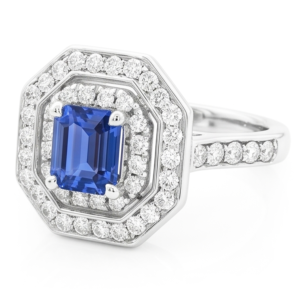Anello con zaffiro smeraldo doppio alone 2.50 carati con diamanti rotondi incastonati