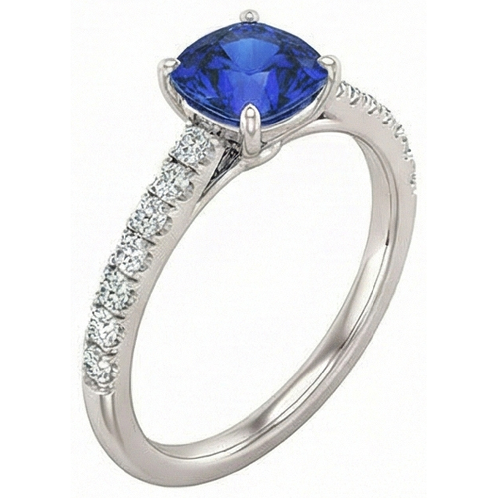 Anello con zaffiro taglio cuscino con pietre preziose. 2.50 carati. diamanti incastonati a coda di pesce